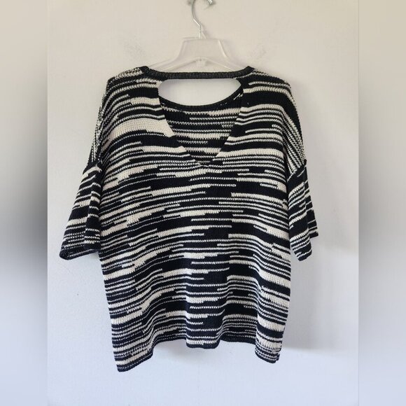 EILEEN FISHER | Organic Linen Cotton Striped Pullover Sweater Black White Sz L - Picture 4 of 5